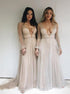 A Line V Neck Silver Long Sleeves Tulle Beadings Prom Dress LBQ3730